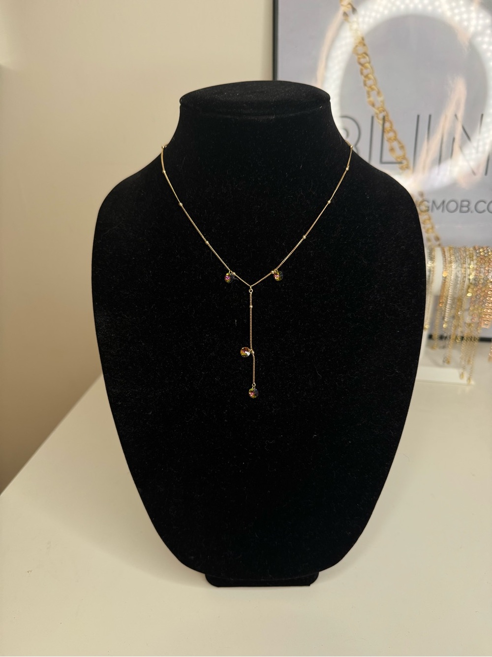 Delicate Gold Necklace with Multicolor Crystal Drops